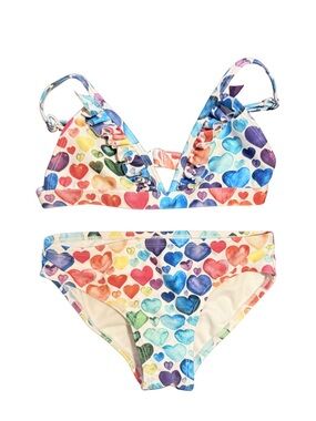 Coral Reef Rainbow Hearts Bikini Girls size 6 EUC with adjustable straps